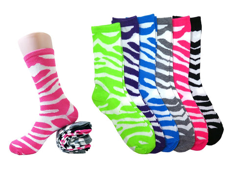 12 Pair Pack of Womens Fun & Colorful Two Tone Zebra Stripe Cotton Crew Sock