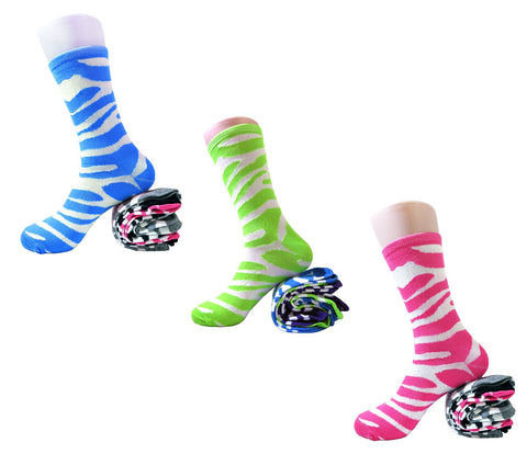 12 Pair Pack of Womens Fun & Colorful Two Tone Zebra Stripe Cotton Crew Sock