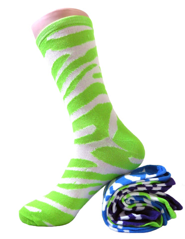 12 Pair Pack of Womens Fun & Colorful Two Tone Zebra Stripe Cotton Crew Sock