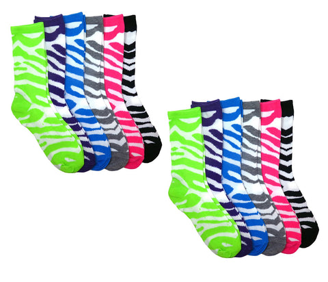 12 Pair Pack of Womens Fun & Colorful Two Tone Zebra Stripe Cotton Crew Sock