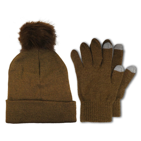 Winter Knit Beanie Hat with Fur Pom Pom and Touch Screen Gloves Set