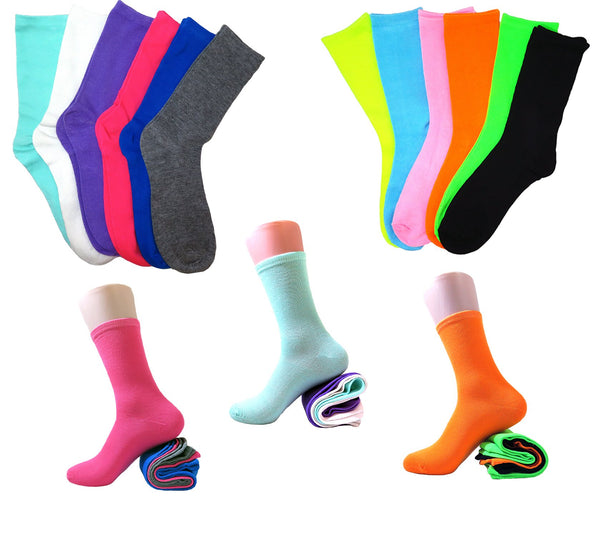 3, 6, or 12 Pair Pack of Women Solid Multi Neon Colorful Cotton Crew Sock