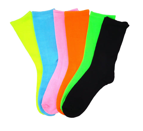 3, 6, or 12 Pair Pack of Women Solid Multi Neon Colorful Cotton Crew Sock