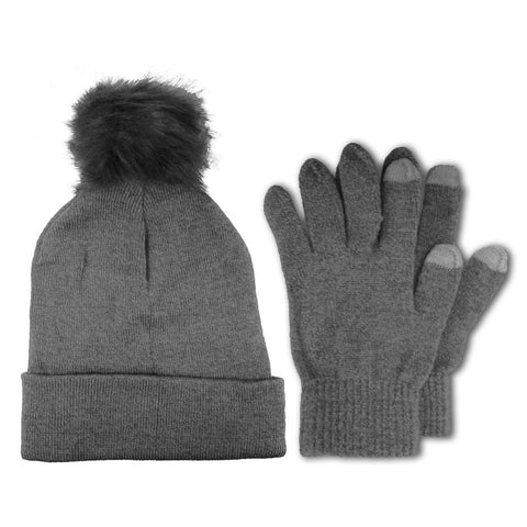 Winter Knit Beanie Hat with Fur Pom Pom and Touch Screen Gloves Set