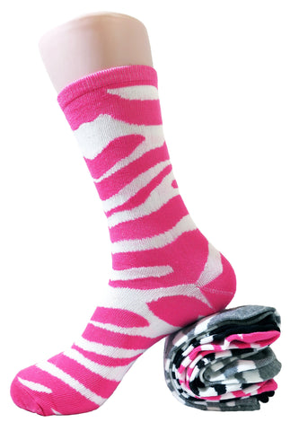 12 Pair Pack of Womens Fun & Colorful Two Tone Zebra Stripe Cotton Crew Sock