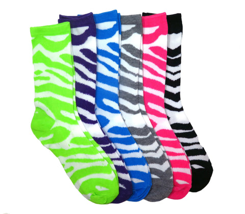 12 Pair Pack of Womens Fun & Colorful Two Tone Zebra Stripe Cotton Crew Sock