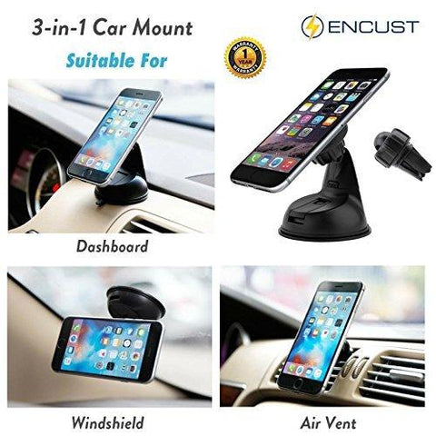 Encust Universal 3 in 1 Dashboard/Windshield/Air Vent Magnetic Car Mount Phone Holder Mobile Phone & GPS Devices