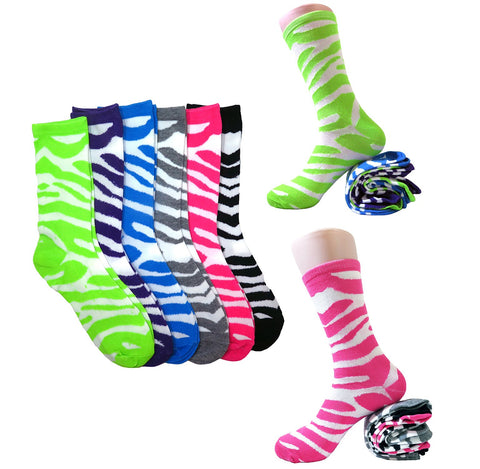 12 Pair Pack of Womens Fun & Colorful Two Tone Zebra Stripe Cotton Crew Sock