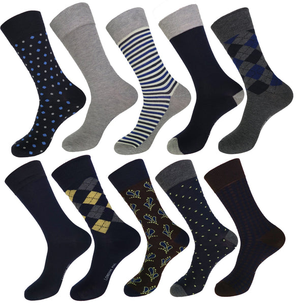 5 or 10 Pairs of Men's London Fog Multi Color Classic Style Argyle Diamond Dress Socks